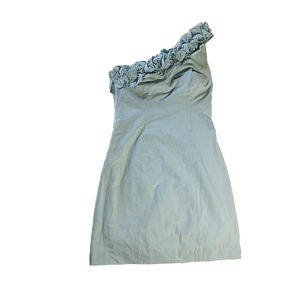 LILLY PULITZER Vivienne Shorely Blue‎ Seersucker One Shoulder Ruffle Dress Sz 10